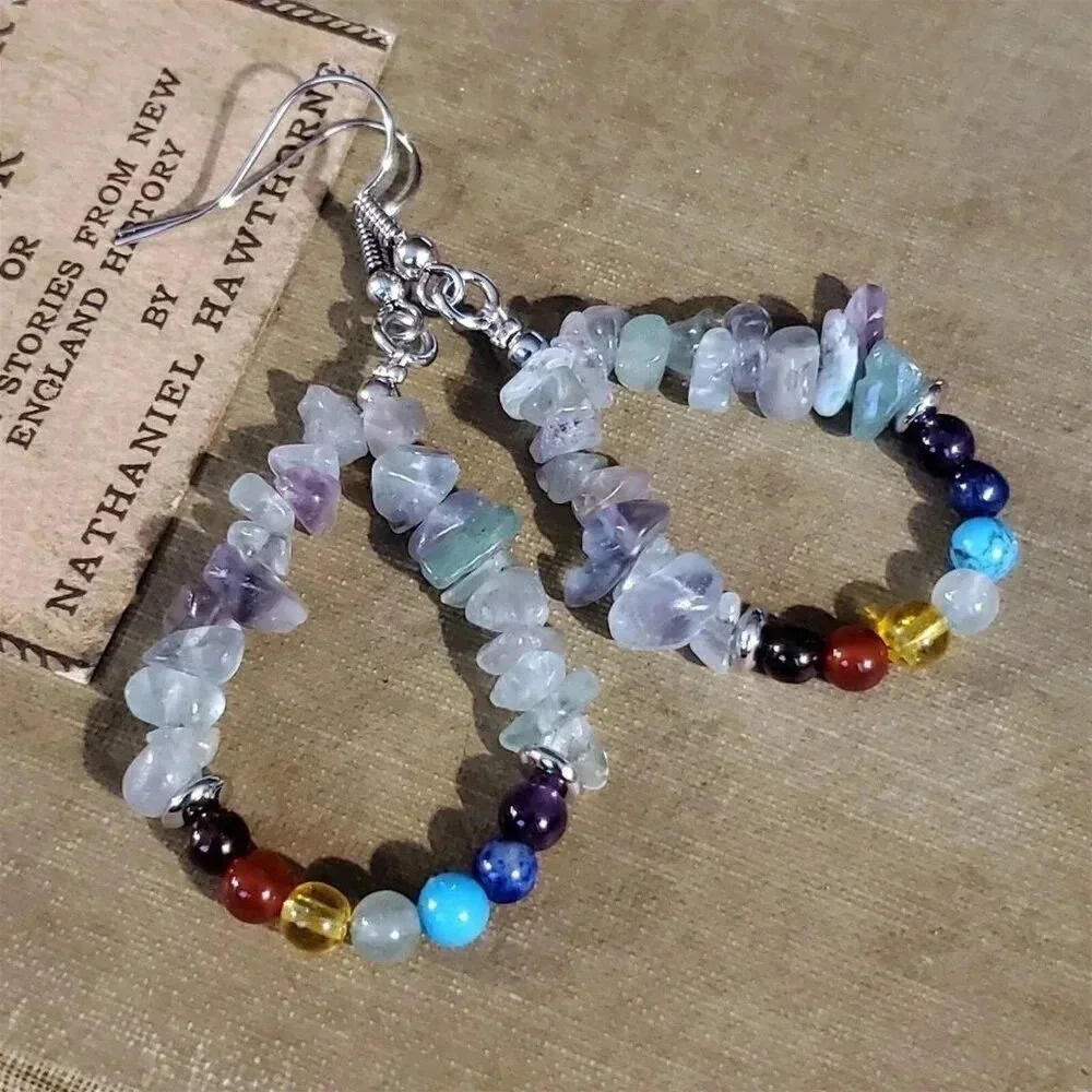 Rainbow Fluorite 7 Chakras Yoga Om Zen Mindful Gemstone Teardrop Earrings